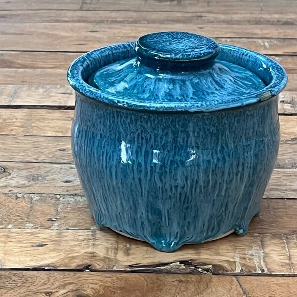 Studio Art Ceramic Lidded Jar 4" Blue Reactive Drip Glaze
